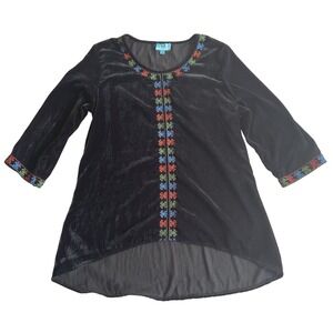 South Main Black Velvet Embroidered Top Hi Lo Large Women 3/4 Sleeves Tunic